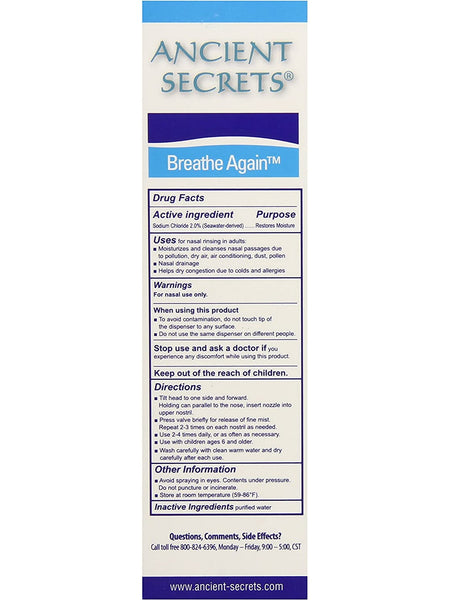 Ancient Secrets, Breathe Again Hypertonic Seawater Nasal Spray, 3.38 fl oz