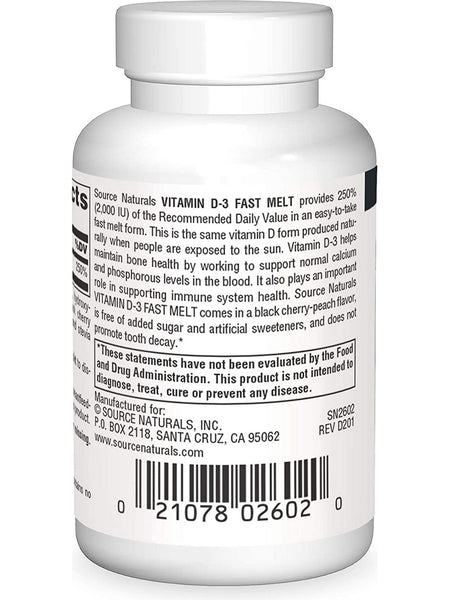 Source Naturals, Vitamin D-3 2000 IU Black Cherry-Peach Fast Melt™, 60 tablets