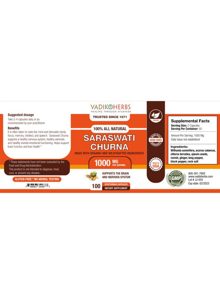 Vadik Herbs, Saraswati Churna, 100 ct